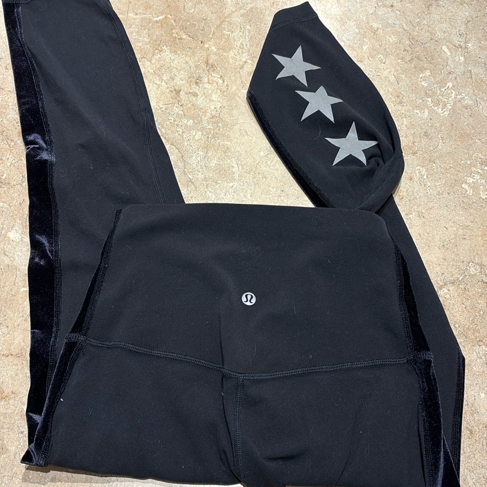 Size 6 Black Align Lululemon Leggings with Velor Stripe + Stars on one leg